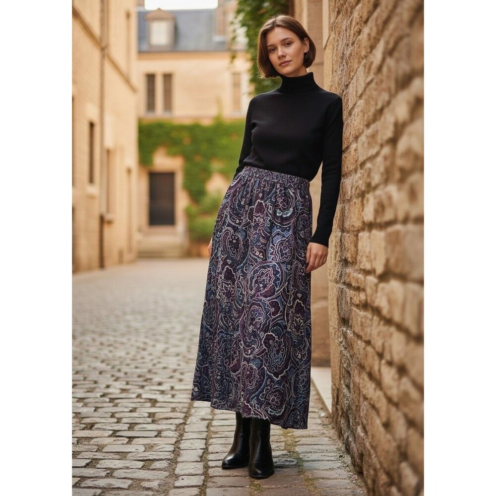VTG Bice Paisley Midi Skirt 8P Nordstrom 90s Office Siren Dark Academia Brown